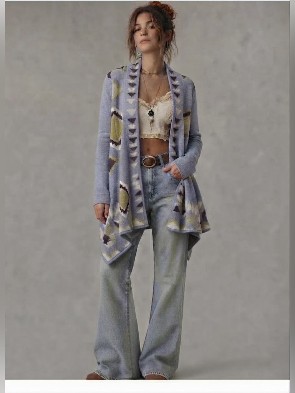 Anthropologie Wool Long Cardigan Size Large Geometric Boho Print Blue